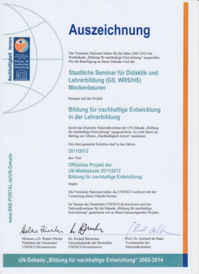 Urkunde unseres Dekadeprojektes 2011-2012