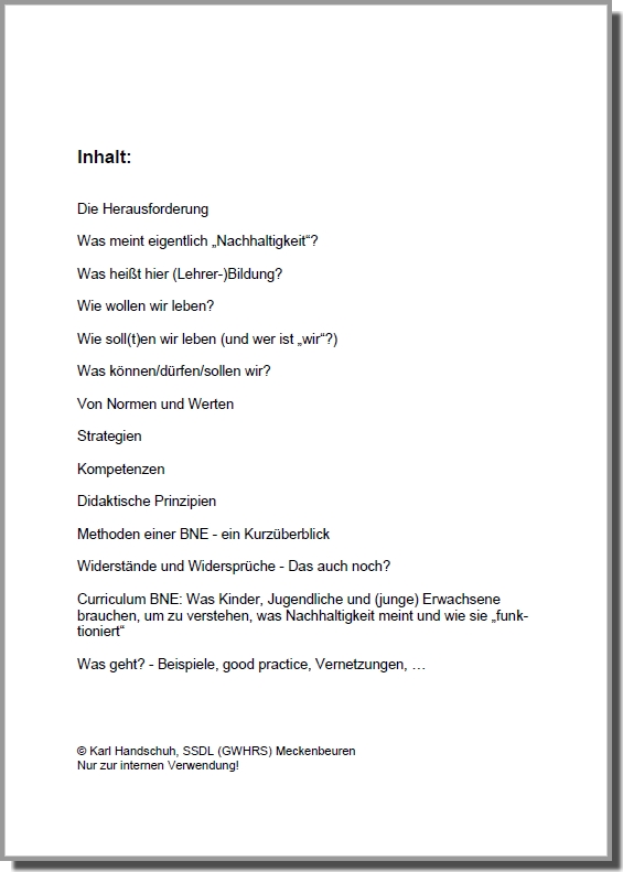BNE in der Lehrerbildung - Inhaltsverzeichnis